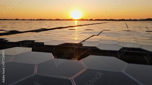 Solar Panel Array Forming at Sunset in Open Field