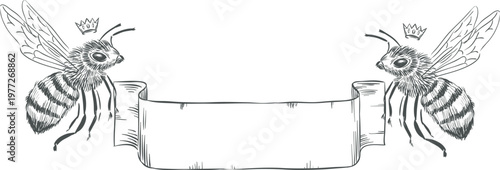 Crowned queen bees flanking blank scroll banner