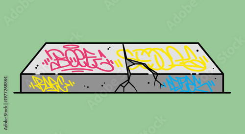 A colorful graffiti-covered concrete slab with a crack, symbolizing division or contrast.