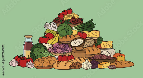 A colorful illustration of a pyramid made from fresh food, representing a healthy diet and lifestyle.