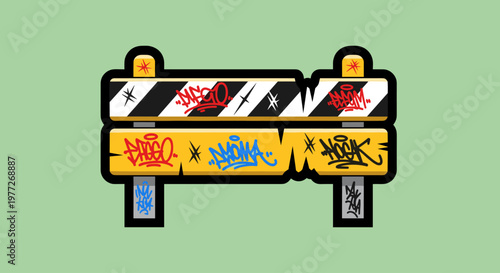A colorful road block with graffiti on a green background, symbolizing urban art and creativity.