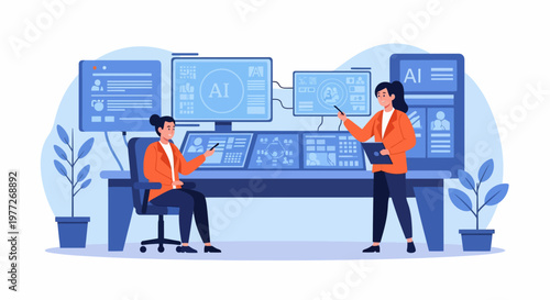 Two People Working Together at Computer Desk.