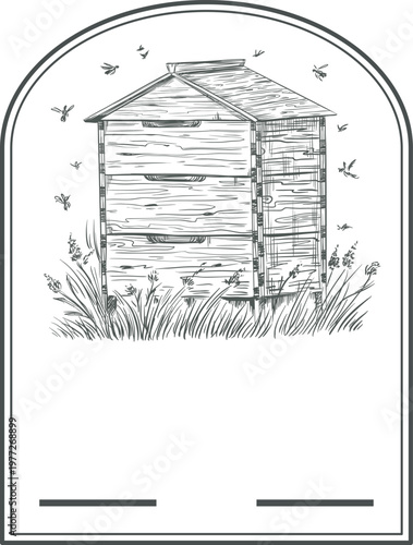 Beehive with flying bees in nature illustration