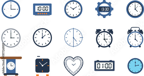 Clock and Time Icon Set with Analog Digital Alarm and Timer Designs for Schedule Planning and Time Management Collection