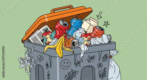 A cartoon-style illustration of a full recycling bin with various recyclable materials spilling out, conveying a sense of waste and environmental conc