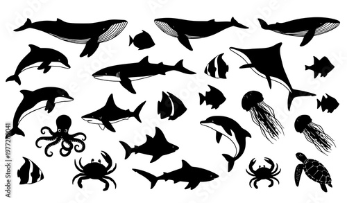 Ocean marine animal silhouette collection with scattered layout for sea life and underwater design elements