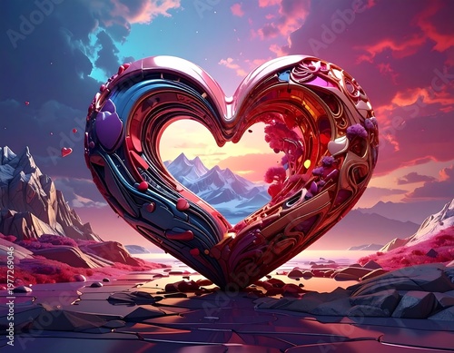 Ornate, stylized heart floating above landscape, with mountains visible through its center, under a vibrant sunset