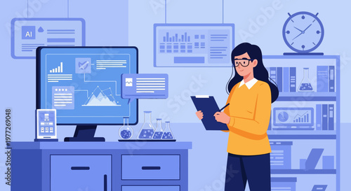 Woman Analyzing Data on Computer and Tablet.