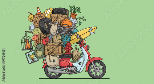 A colorful illustration of a scooter stacked high with a variety of items, conveying a sense of chaos and overload.