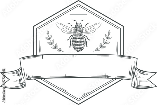 Bee emblem with olive branches and blank ribbon