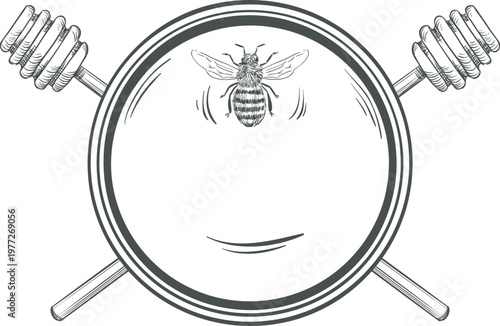 Flying honey bee with dippers creating a vintage logo