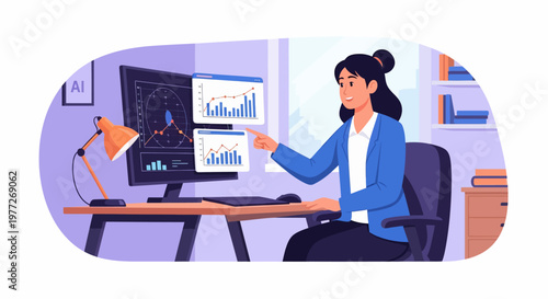 Woman Analyzing Data on Computer Screen.