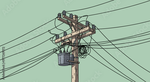 An illustration of a wooden power utility pole with multiple wires and a transformer, set against a muted green background, conveying a sense of infra