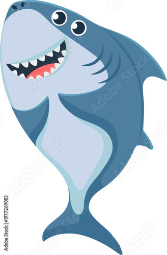 Happy blue shark swimming with a wide grin