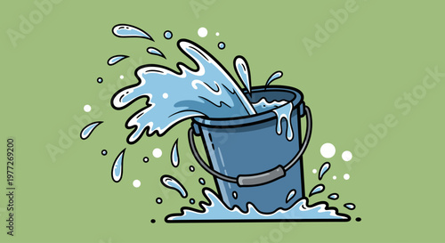 A cartoon-style illustration of a blue bucket with water splashing out, conveying a sense of chaos and abundance.