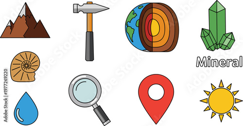 Geology and Mineral Exploration Icon Set for Earth Science, Mining, and Natural Resources