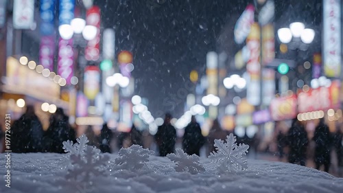 Snowflakes on Cold Night in Bright Urban Street