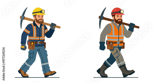 Two miners carrying pickaxes showcasing different hat colors and beards