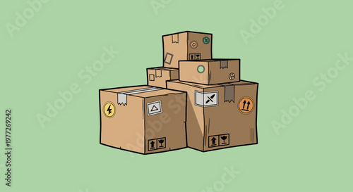 An illustration of stacked brown cardboard boxes with various shipping labels on a light green background, conveying a sense of logistics and organiza