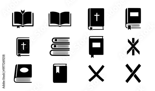 Bible book icons set black vector with holy scripture symbols isolated on white background