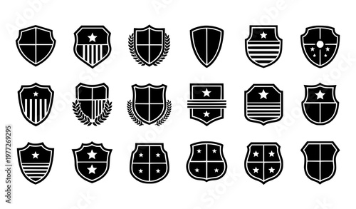 Security shield emblem badge set with protection and defense insignia for cybersecurity and military branding design