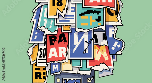 A creative collage of torn letters on a green background, representing chaos and artistic expression.