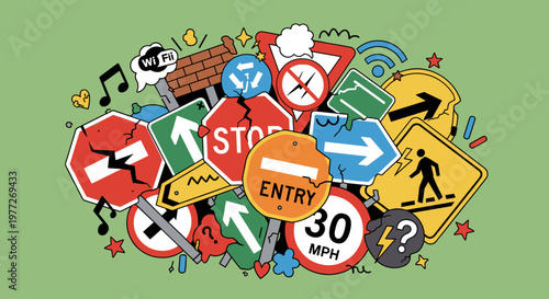A playful illustration of various traffic signs and symbols in disarray, conveying a sense of confusion and disorder.