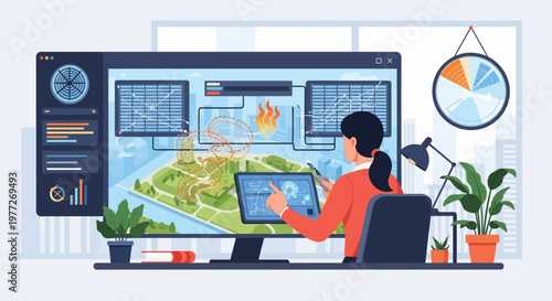 Woman analyzing data on computer screens.