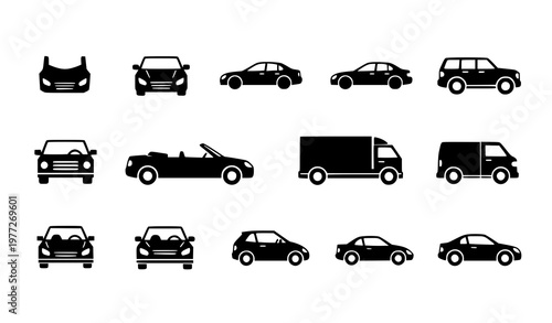 Auto body icons vector set with car and vehicle silhouettes isolated on white background