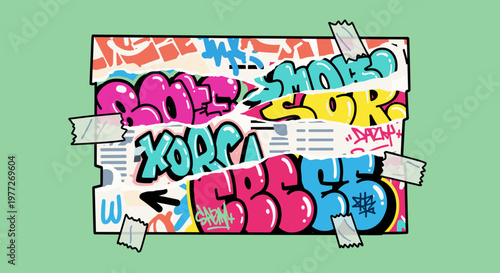 A colorful graffiti art piece with torn paper effects, conveying a sense of urban creativity and edginess, perfect for designs needing a bold statemen