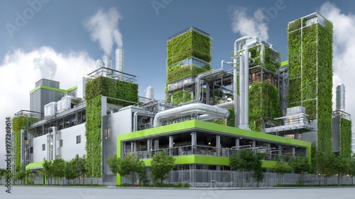 A modern factory complex, integrating green walls and rooftops. Pipes and towers contrast the greenery with clean lines. Smoke rises