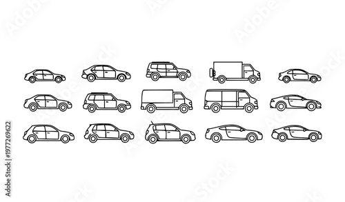 Minimal auto body thin line icons vector set with car silhouettes isolated on white