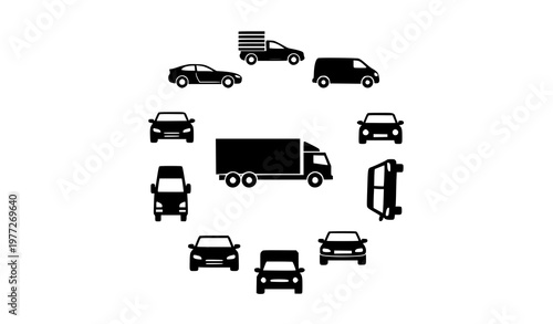 Auto body icons vector set in circular layout with car and truck silhouettes isolated on white