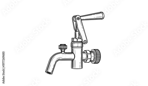 Beer pump thin line vector illustration with realistic bar tap isolated on white