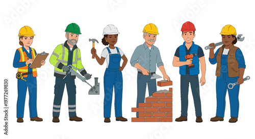 Diverse group of construction workers illustrating various trades and roles
