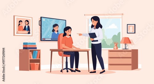 Woman Assisting Man at Computer Desk.