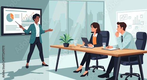 A diverse group of professionals in a modern office, with a woman presenting data and charts on a large screen to two colleagues during a business meeting.