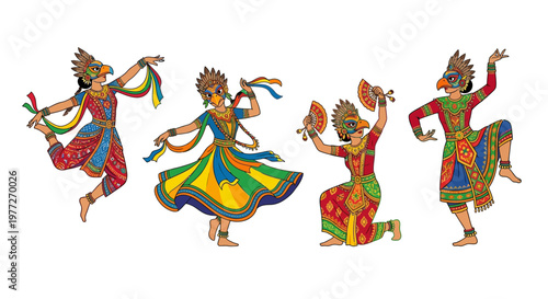 Four indonesian dancers in traditional costumes performing a vibrant cultural dance