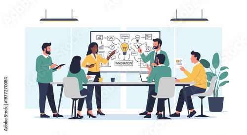A diverse group of professionals collaborates around a table, brainstorming ideas on a whiteboard with a lightbulb illustration.