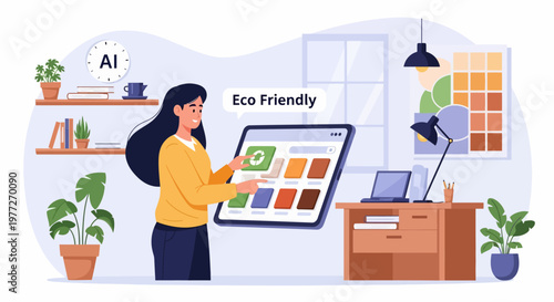 Woman holding tablet with eco friendly interface.