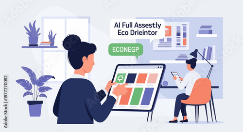 Woman interacting with digital tablet and man working.