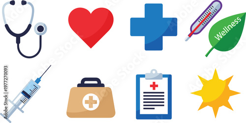 Health and Wellness Icon Set for Medical Care, Wellness, Treatment, and Health Monitoring Tools