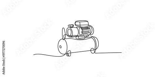 Continuous line drawing of a simple air compressor on wheels cartoon illustration outline single art