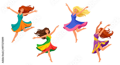 Four joyful women jumping and celebrating with arms outstretched