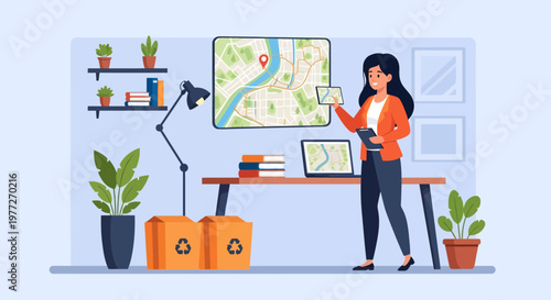 Woman Planning Trip on Digital Map Display.