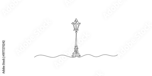 Ornate Victorian style street lamp on wavy ground illustration line art black and white city