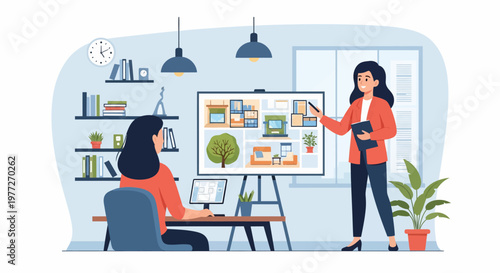 Woman presenting to colleague in modern office.