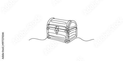 A single treasure chest partially submerged in water with a line drawing style ocean sea