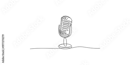 Continuous line drawing of a classic microphone on a stand single illustration music audio recording