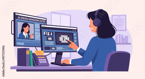 Woman Video Editing on Computer Monitors.